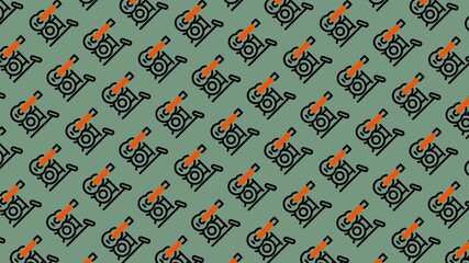 Seamless Pattern of Orange and Black Bicycle Icons on a Green Background.