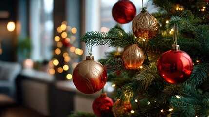 Christmas Tree with Red and Gold Ornaments Indoors