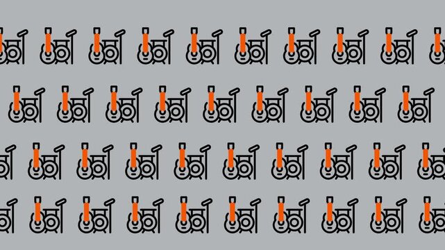 Seamless Pattern of Orange and Black Wheelchairs on Gray Background.