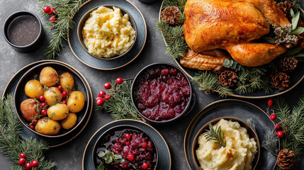 Traditional Thanksgiving or Christmas dinner with roasted turkey and side dishes. Holiday feast flat lay on dark background. Top view of festive food including mashed potatoes and cranberry sauce