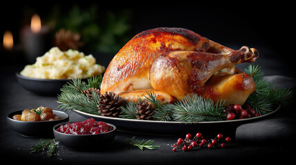 Whole roasted turkey with cranberry sauce and potatoes. Traditional Thanksgiving or Christmas dinner feast on dark background