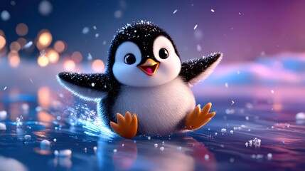 Cartoon Penguin Sliding on Ice in Festive Winter Setting