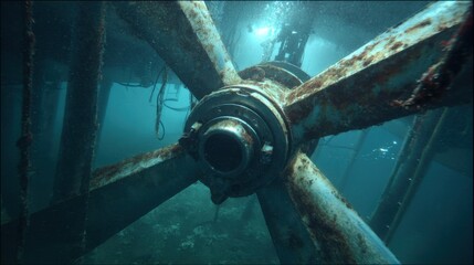 Medium shot footage showing an ROV examining turbine blades underwater highlighting mechanical condition and biofouling buildup.