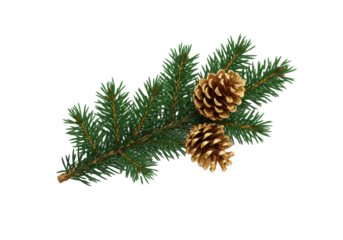 A vibrant emerald green spruce branch with sharp needles and two highly detailed, shimmering golden pinecones, flat lay on a transparent background with copy space, winter holiday season atmosphere