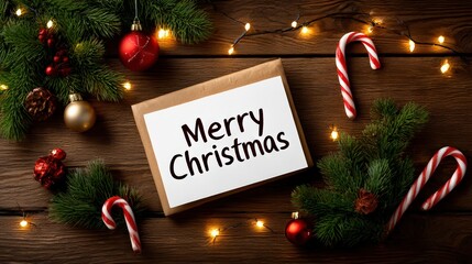 Merry Christmas Card with Pine and Candy Canes