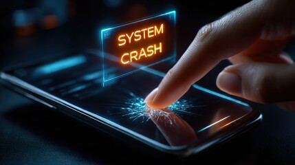 System Crash Warning on Cracked Smartphone Screen With Finger Touch