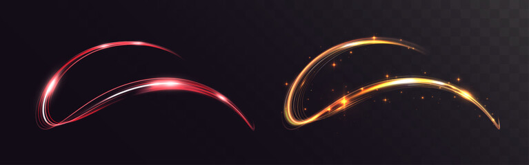 Glowing red and golden light trails with sparkling particles, dynamic neon energy swoosh effects on dark background, vector EPS illustration.
