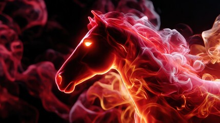 Fiery Horse Head Emerging from Red Smoke