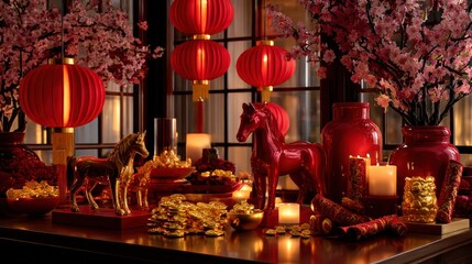 Chinese New Year Table Setting with Horse Figurines and Lanterns