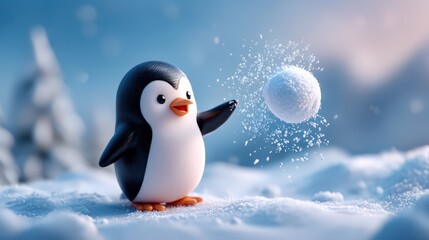 Cute Cartoon Penguin Playing with Snowball in Winter Scene