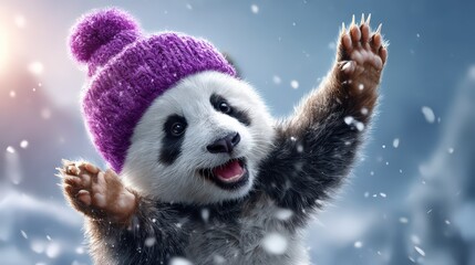 Cute Cartoon Panda in Purple Hat Playing in Snow