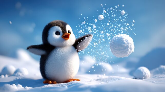 Cute Cartoon Penguin Playing with Snow in Winter Scene