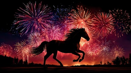 Silhouette of Running Horse with Fireworks in the Night Sky