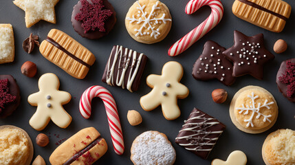 Assortment of Christmas cookies and sweets on dark background. Holiday baking flat lay with gingerbread men, candy canes, and chocolate stars. Festive dessert pattern