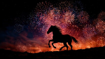 Horse Silhouette with Fireworks in Night Sky