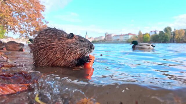 Close-up of Nutria sitting on bank of Vltava River, eating carrots brought to them by tourists, with wild ducks swimming nearby and Prague in background. Coypu sits in water among fall leaves