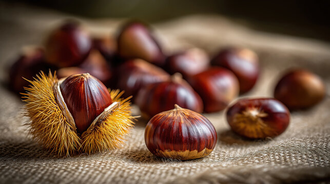 Fresh chestnuts with spiky burrs on rustic burlap fabric. Autumn harvest food background - Powered by Adobe