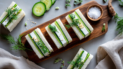 Cucumber sandwiches with cream cheese and dill on a wooden board. Healthy vegetarian appetizer flat lay. Fresh finger food for tea party