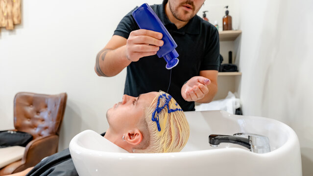 Hair bleaching process in modern barbershop