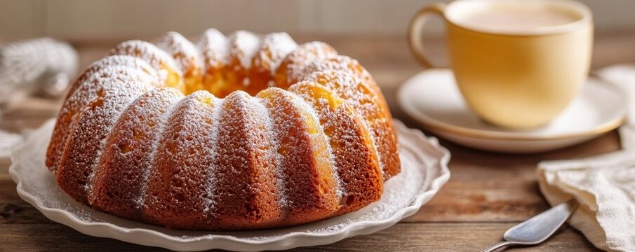 Bundt Cake with Powdered Sugar and Coffee, Baking, Dessert