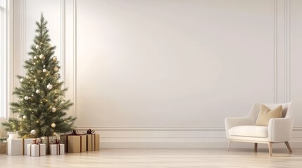 Cozy living room with Christmas tree and empty wall space for personalized message design