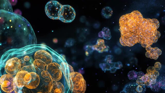 Colorful microscopic view of diverse cells and microorganisms in a dark space