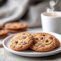 Chocolate Chip Cookies and Coffee on Plate, Baking , Dessert