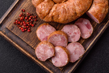 Grilled sausage in the shape of a spiral or snail, from chicken or pork. Spiral or snail sausage