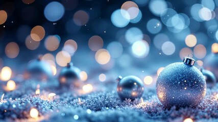 Christmas holiday background with blue decorative balls on snow and sparkling lights - Powered by Adobe