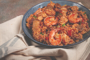 Jambalaya, Creole dish, American pilaf, rice with chicken and shrimp, vegetables, homemade, no people,