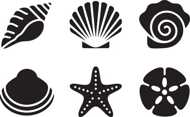 Six Black Silhouettes of Various Seashells and Starfish on White Background sand dollar