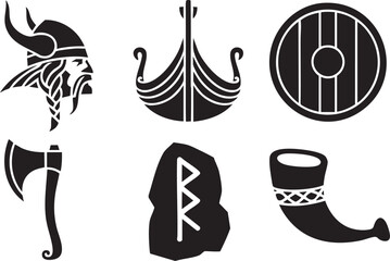 Viking warrior helmet ship shield axe rune stone horn icons black silhouette horns beard