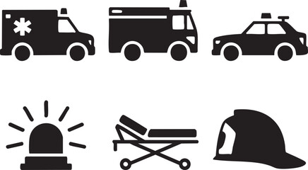Ambulance police car fire truck siren stretcher and firefighter helmet icons vector © zagrapic540