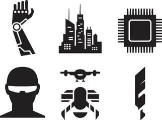Black silhouette icons of robotic arm cityscape processor person drone and blade hand mechanical
