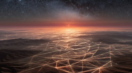 A vast network grid beneath the desert sand beginning to glow, geometric energy lines forming patterns, surreal dawn light, 