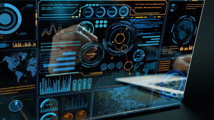Explore a captivating futuristic data visualization showcasing intricate graphs, analytics, and mapping for advanced industry analysis and insights in the technology arena. Cipher