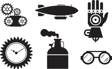 Black steampunk icons including gears airship robotic hand clock steam jug and goggles cogwheel © zagrapic540