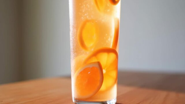 Effervescent grapefruit soda with fresh citrus slices and ascending bubbles in a clear glass on wooden surface, showcasing vibrant golden-pink hues and refreshing vitality