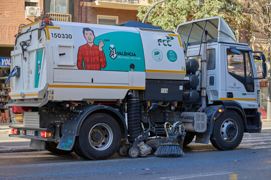 Street cleaning truck operating in Valencia, Spain - December 7, 2025.