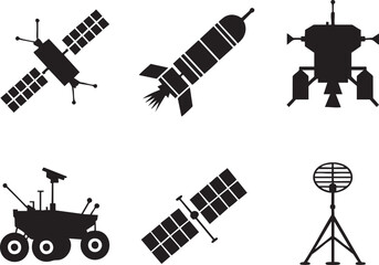 Collection of black silhouette icons representing spacecraft rockets satellites and lunar lander © zagrapic540