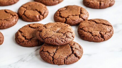 Cracked Chocolate Cookies Stack on Marble Surface, Dessert , Baking