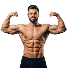 Muscular bodybuilder flexing biceps and abs isolated on transparent background