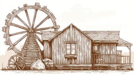Rustic mill and wooden structure illustration against white background