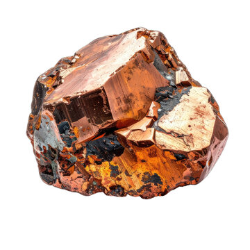 A detailed close-up photograph of a raw, lustrous copper mineral specimen against a stark black background.
