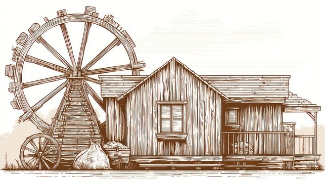 Rustic mill and wooden structure illustration against white background
