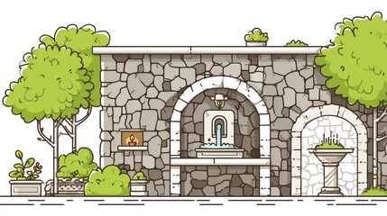 Cartoon illustration of a stone fountain with lush green trees and shrubs