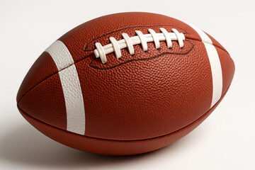 Close-up of a brown leather American football with white laces on a white background. AI generated.