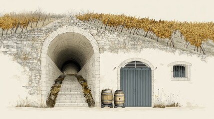 Stone tunnel entrance with barrels outdoors for wine storage and aging