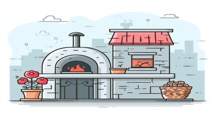 Outdoor brick oven illustration for cooking with flowers and skyline