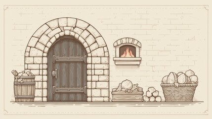 Medieval doorway with fireplace and harvest elements illustration